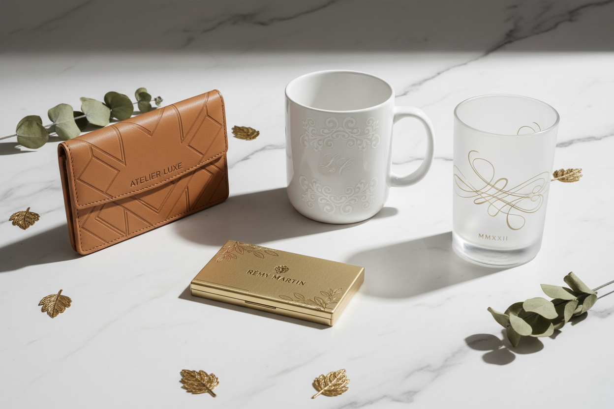 Collection of engraved products on various materials